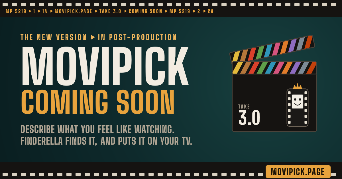 The MoviPick coming soon card: MoviPick, coming soon, with Flimsy on a clapperboard.