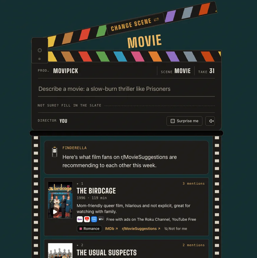 The new search: a clapperboard with a text box reading "Describe a movie", and below it a reel of recommendations with posters, a short reason and where to stream each one.