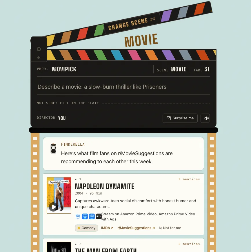 The new search: a clapperboard with a text box reading "Describe a movie", and below it a reel of recommendations with posters, a short reason and where to stream each one.